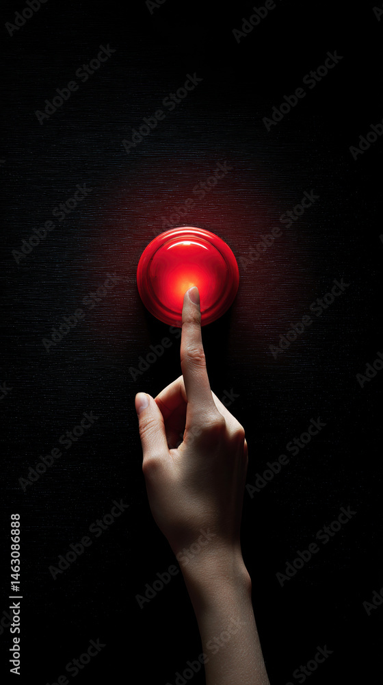 A solitary hand poised above a glowing red button, symbolizing the power of choice and the weight of decisions.