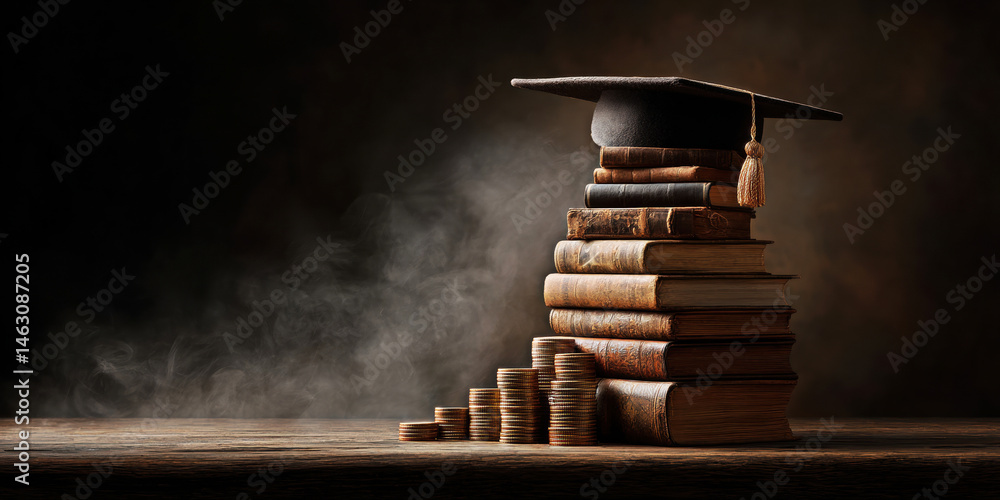 This image captures the essence of education, combining stacked books and coins to symbolize the investment in knowledge and its potential for financial success.