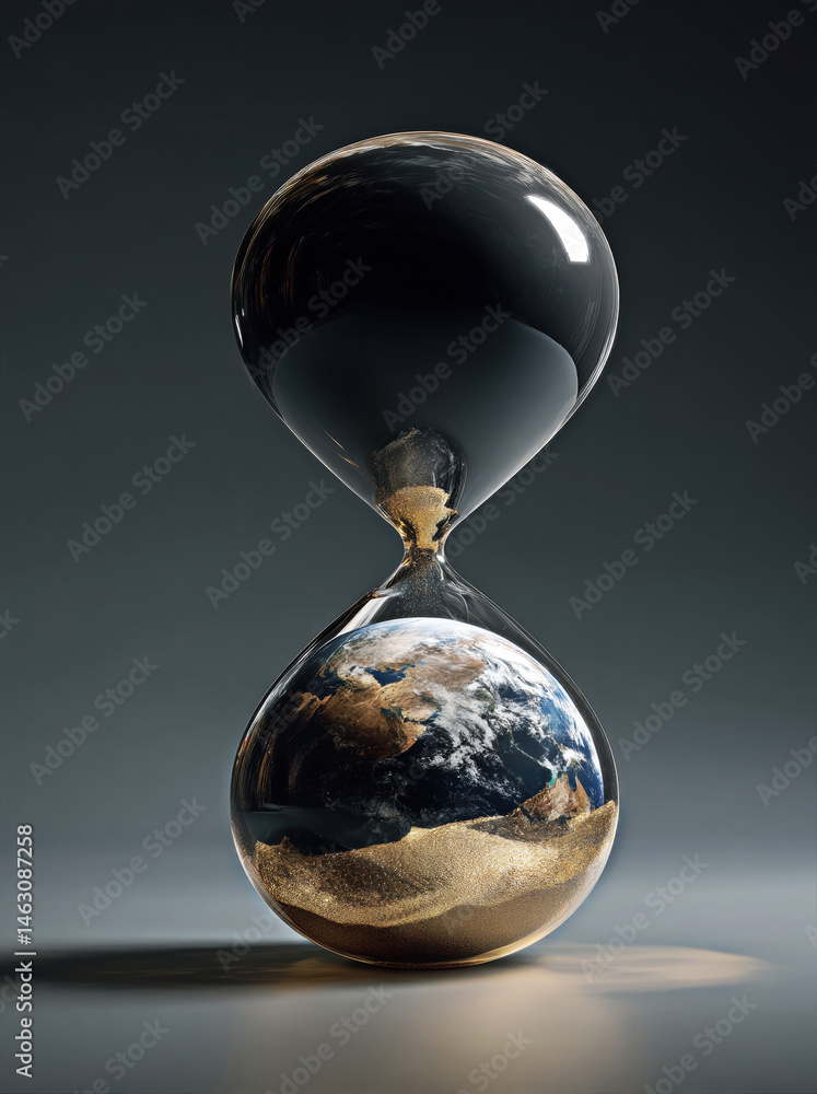 This captivating image features an hourglass encapsulating Earth, symbolizing the passage of time and the delicate balance of our planet.