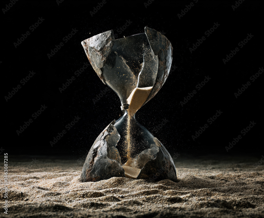A shattered hourglass spills sand, symbolizing the fragility of time.