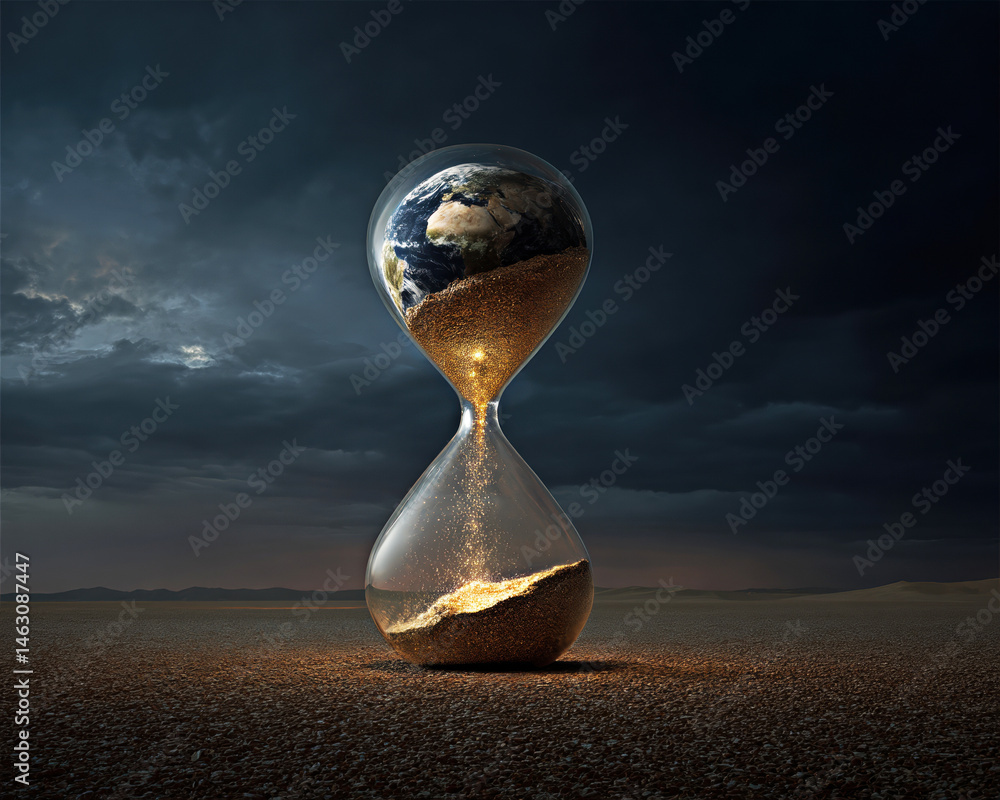 This captivating image portrays the Earth suspended within an hourglass, symbolizing the passage of time and the fragility of our planet amidst a dramatic landscape.