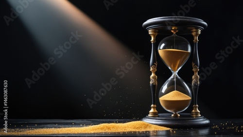Cinematic Hourglass Photography, Dramatic Time Symbolism, Golden Sand Contrast
