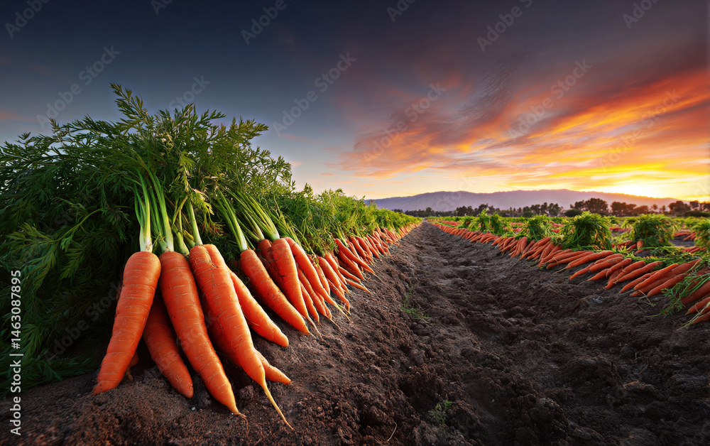 A beautiful sunset over a lush carrot field, showcasing freshly harvested carrots lined along the soil, highlighting nature?s bounty and vibrant colors.