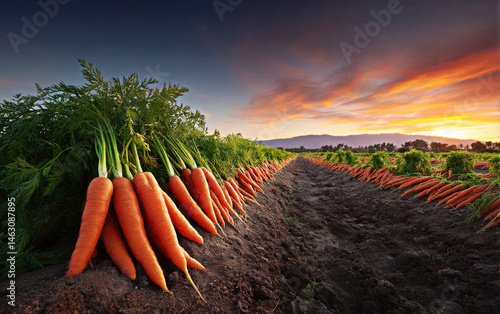 Obraz na płótnie A beautiful sunset over a lush carrot field, showcasing freshly harvested carrots lined along the soil, highlighting nature?s bounty and vibrant colors. w salonie