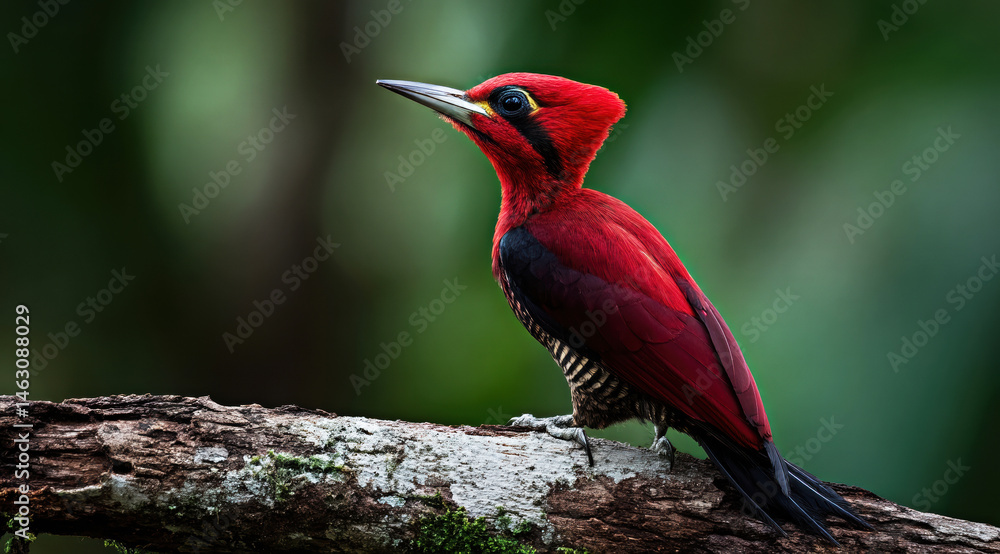 A stunning red woodpecker perches gracefully on a mossy log, showcasing its vivid plumage against a soft, blurred green background, highlighting the beauty of wildlife in its natural habitat.