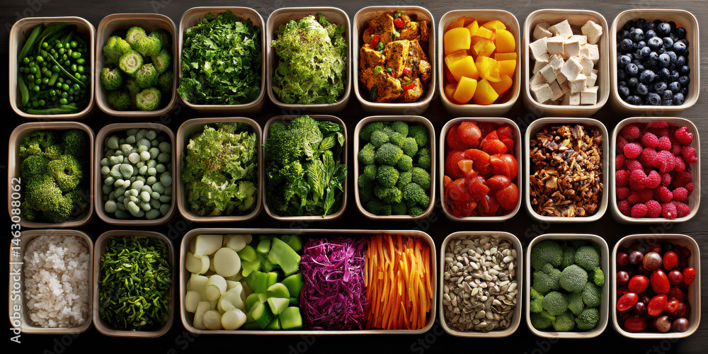 A colorful array of fresh vegetables and fruits in neat containers, showcasing healthy eating options.