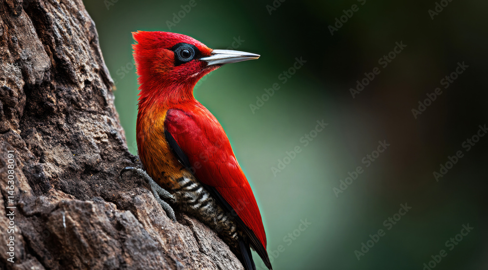 This stunning image captures a striking woodpecker perched on a textured tree trunk, showcasing its vivid red and orange plumage against a softly blurred background.