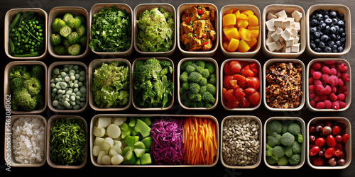 Obraz na płótnie A colorful array of fresh vegetables and fruits in neat containers, showcasing healthy eating options. w salonie