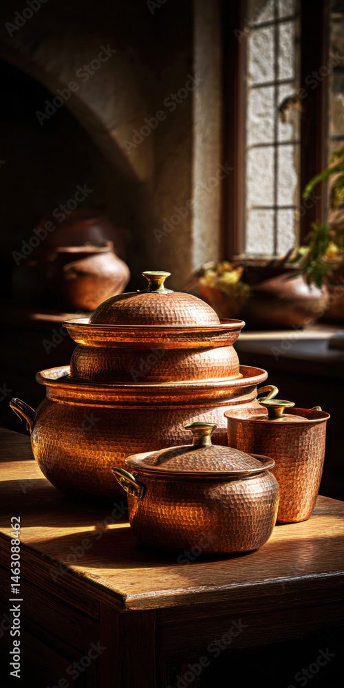 This stunning arrangement of copper pots and pans highlights timeless craftsmanship, bathed in warm sunlight.
