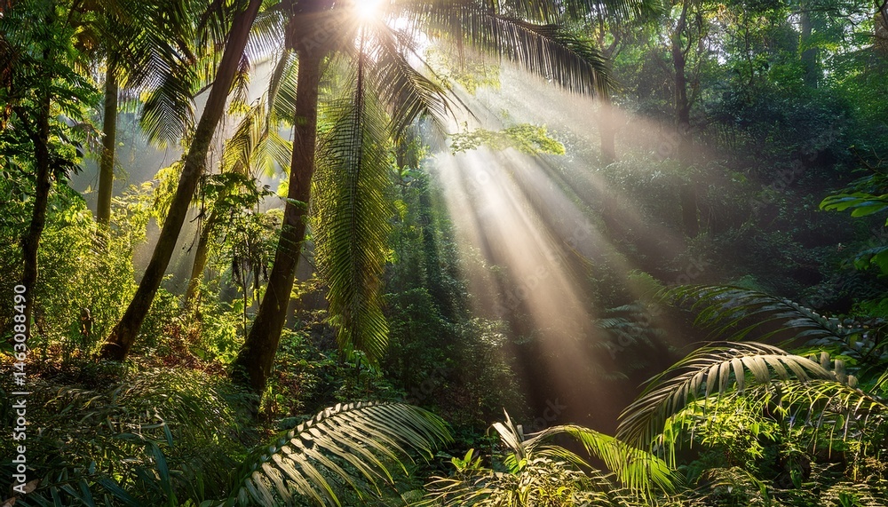Fototapeta premium sun rays shining through the jungle