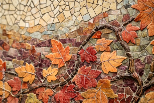 A beautiful mosaic artwork depicting autumn leaves on branches, creating a nature-inspired textured wall.