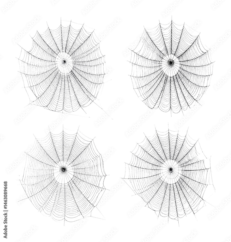 Fototapeta premium Intricate Black Spiderwebs with Shimmering Strands Captured in Detail, Isolated on Transparent Background