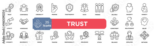 Trust icon set. Containing confidence, credibility, promise, trustworthy, friends, truth, faith, sincerity and honesty. Vector line simple icons collection.