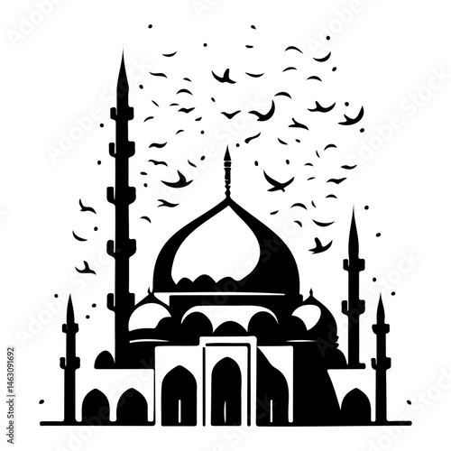 Monochromatic depiction of a grand mosque silhouette amid a flurry of birds