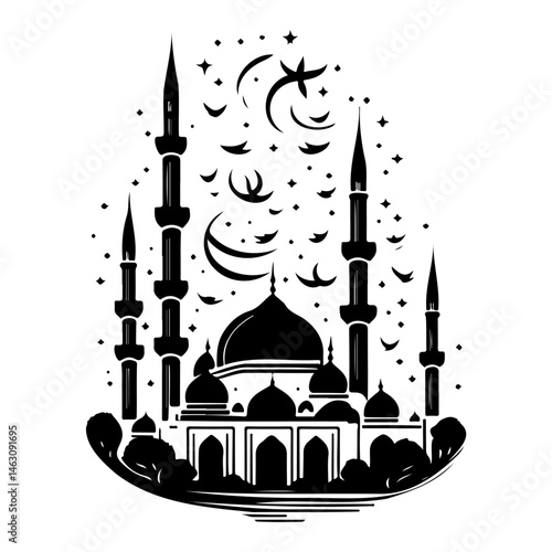 Silhouette of a grand mosque under a celestial canopy of stars and crescent moons