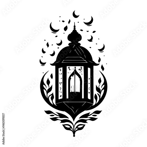 Ornate black silhouette illustration of a lantern with celestial decorations