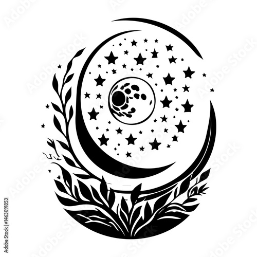 Stylized lunar design with botanical elements evoking mystical serenity