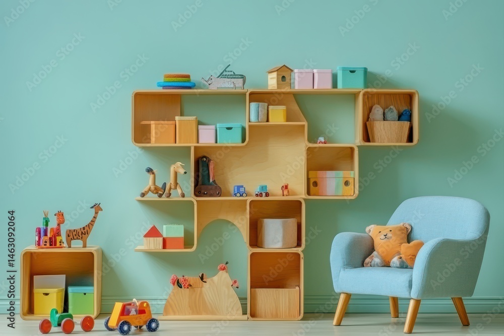 Fototapeta premium Wooden toy shelves and a soft chair in a child's room. Colorful storage, play area
