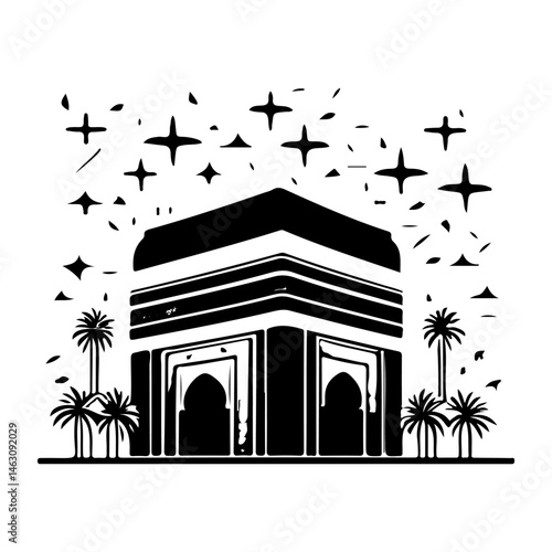 Serene depiction of the Kaaba silhouette surrounded by stylized celestial elements