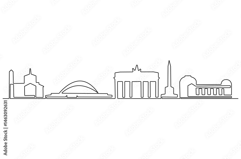 Obraz premium Continuous one line drawing of Berlin city skyline. Single line drawing illustration of Germany cityscape. Beautiful buildings and architecture concept vector art. Doodle line illustration.
