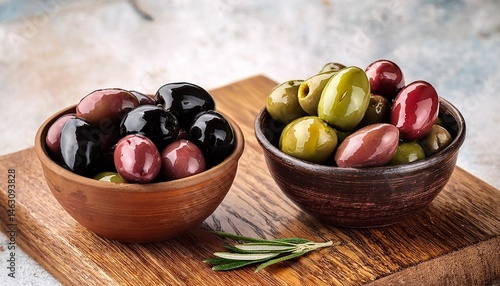 green black and kalamata olives in bowls on wooden board