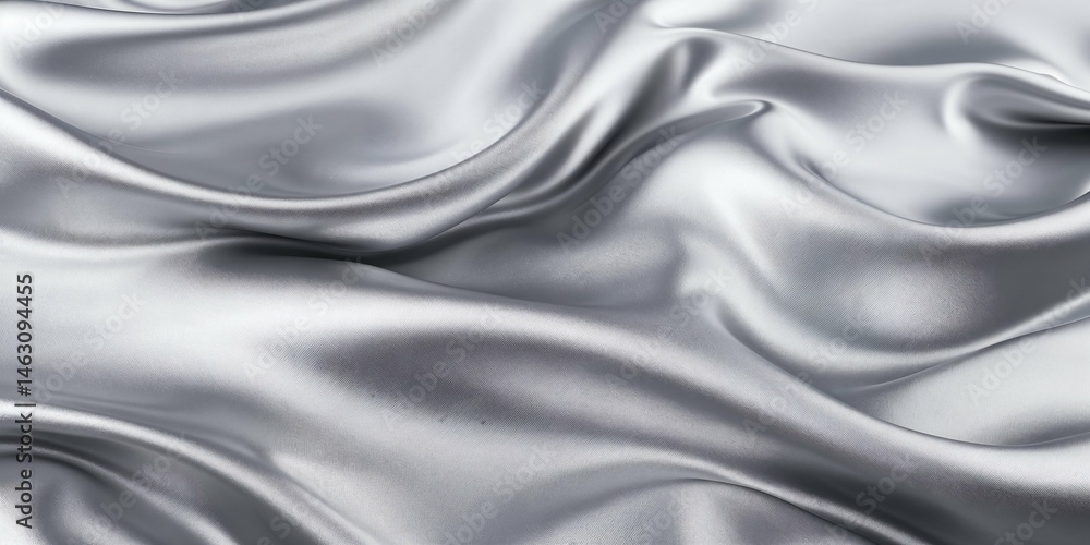 Obraz premium Silver satin fabric with smooth curves and folds, creating a luxurious and elegant texture, soft lighting, minimalist background