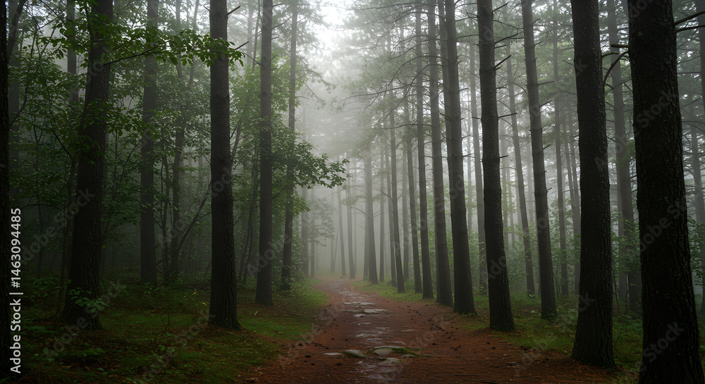Fototapeta premium Misty Forest Trail Through A Dense Wooded Area With Tall Pine Trees