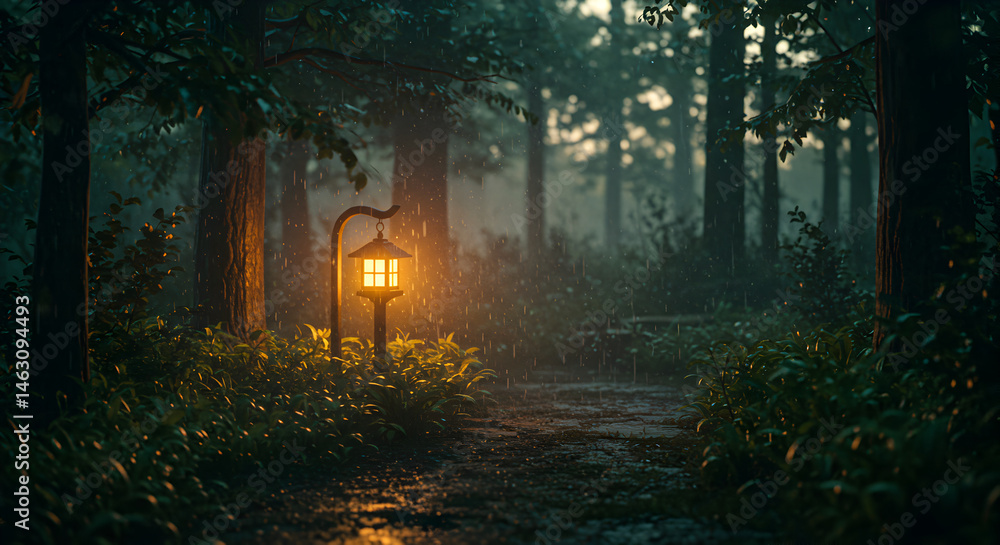 Obraz premium Enchanted Forest Path Lit By Lantern In The Rain During Twilight