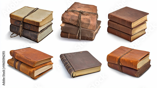 old vintage leather brown cover books on isolated white background.ai 