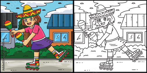 Female Inline Skater Playing Maracas Illustration 