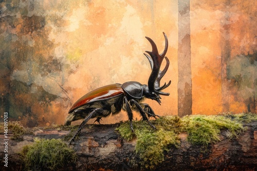 A large stag beetle with prominent antlers rests on a mossy branch against a soft, textured background, showcasing its intricate details.