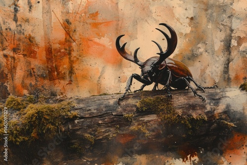 A large stag beetle with prominent antlers sits on a mossy log, against an abstract, watercolor background.