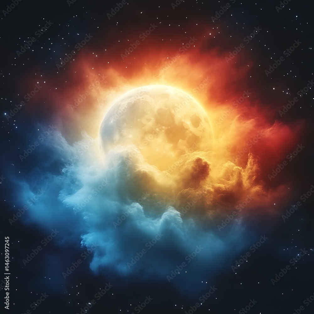 Obraz premium Fiery moon bathed in vibrant clouds amidst starry night