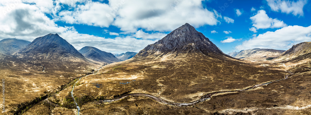Buachaille Etive Mòr or The Buachaille from a drone, Glen Etive, Highlands, Scotland