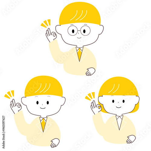 オッケーサインを出す白衣を着たかわいい男女