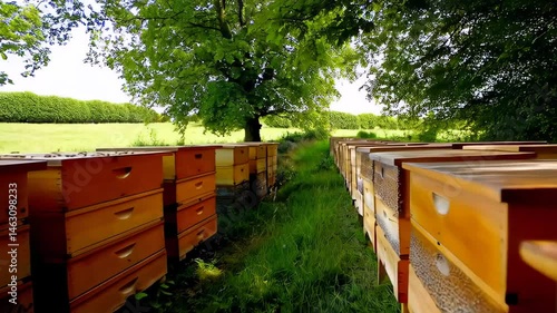 Wooden beehives placed in blooming meadow among trees, camera moves slowly showing harmony between pollinators and nature. Concept of ecological balance and sustainable beekeeping