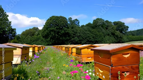 Wooden beehives placed in blooming meadow among trees, camera moves slowly showing harmony between pollinators and nature. Concept of ecological balance and sustainable beekeeping