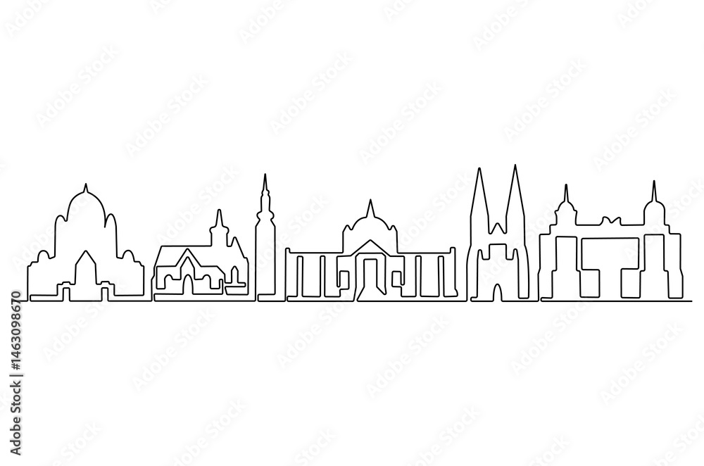 Obraz premium Continuous one line drawing of Zagreb city skyline. Single line drawing illustration of Croatia cityscape. Beautiful buildings and architecture concept vector art. Doodle line illustration.