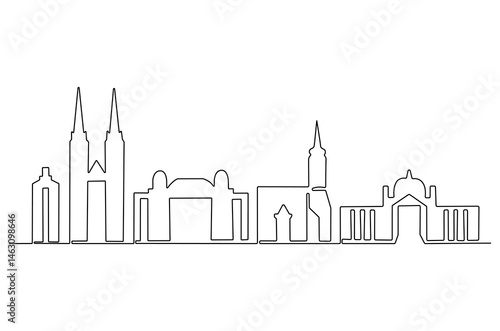 Continuous one line drawing of Zagreb city skyline. Single line drawing illustration of Croatia cityscape. Beautiful buildings and architecture concept vector art. Doodle line illustration.