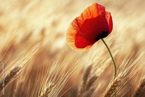 A vibrant red poppy stands tall in a golden field of wheat, backlit by the sun.