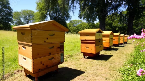 Wooden beehives placed in blooming meadow among trees, camera moves slowly showing harmony between pollinators and nature. Concept of ecological balance and sustainable beekeeping