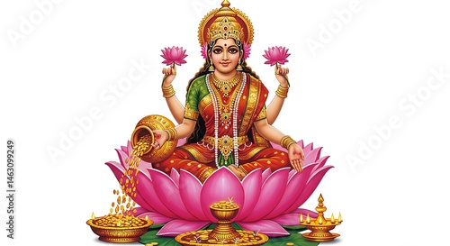 A divine image of Goddess Lakshmi sitting on a lotus and pouring coins, centered on a plain white background
