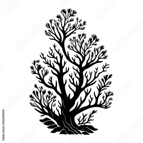Monochrome arboreal silhouette art showcasing intricate branch patterns against white