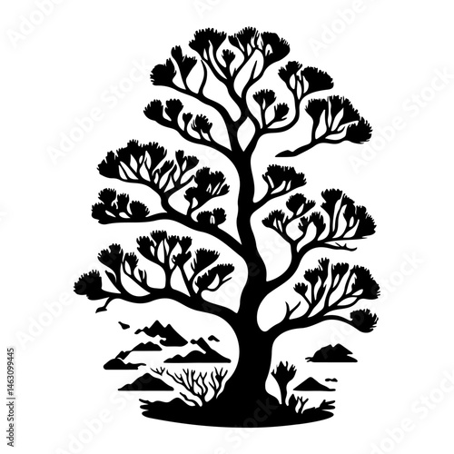 Minimalist silhouette of a styled arboreal shape with accompanying mountainous terrain