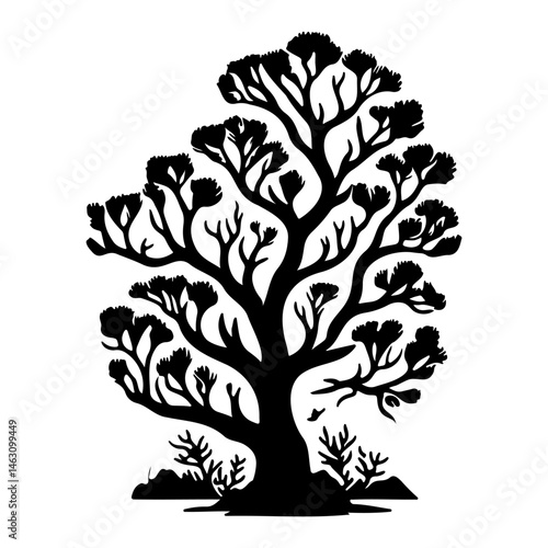 Monochrome arboreal silhouette evoking stylized natural elegance and graphic simplicity