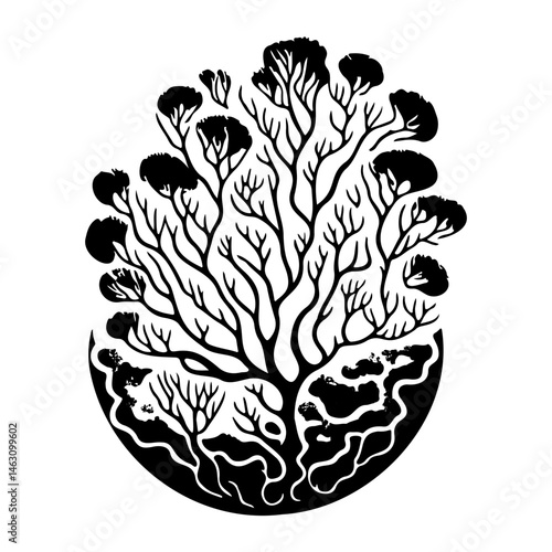 Stylized arboreal representation with intricate branch details against a bright backdrop