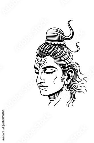 "Black and white line art of Lord Shiva's face with flowing hair and topknot in a serene expression."