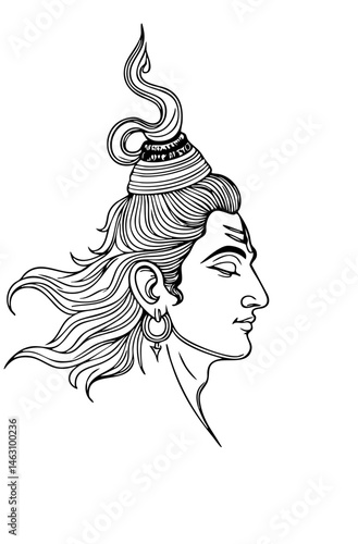 "Black and white line art of Lord Shiva's face with flowing hair and topknot in a serene expression."