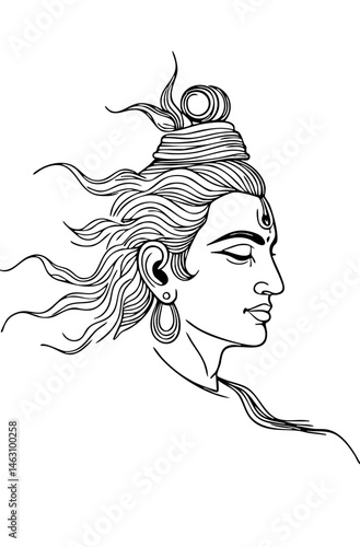 "Black and white line art of Lord Shiva's face with flowing hair and topknot in a serene expression."