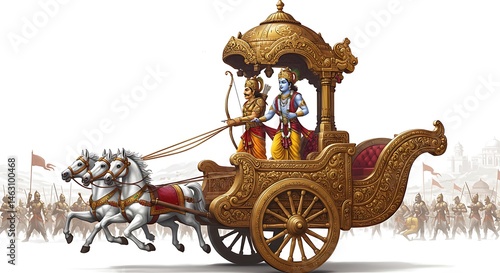 epic scene from the Mahabharata with Arjuna and Krishna on a chariot, centered on a white background
